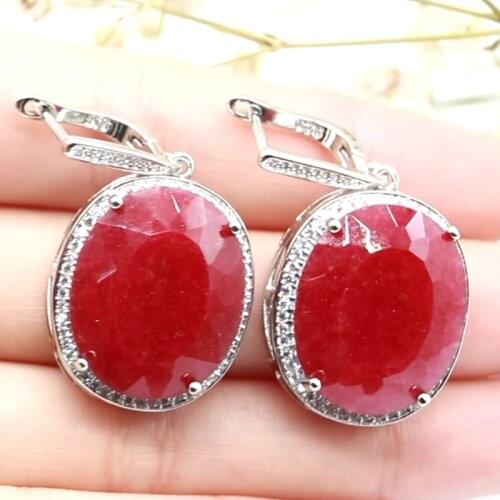 40x21mm Big Oval 22x18mm Jewelry Set 17.5g Real Red Ruby CZ Ladies Bride Wedding Silver Color Pendant Earrings Eye Catching