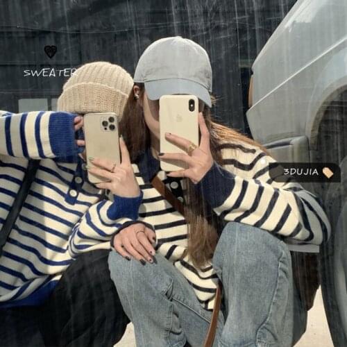 0086 Autumn Women Knitted Sweater Preppy Style Vintage Blue Stripes Loose Casual Student Simple Thin Female Korean Pullover Polo