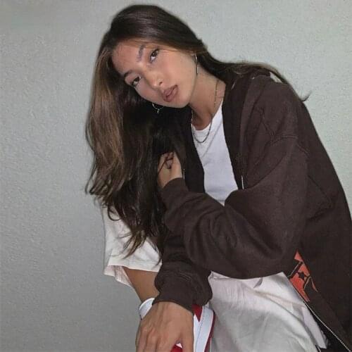 Autumn Vintage Streetwear Print Tops E-girls Brown Gothic Oversized Hoodies Womens Hip-hop Cool High Street Zippered Sweatshirts