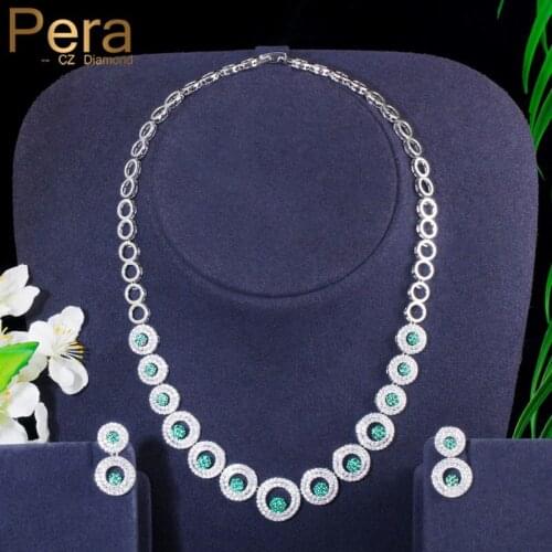 Pera Elegant Round Green Cubic Zirconia Choker Necklace Earrings Costume Party Jewelry Set for Bride Wedding Accessories J327