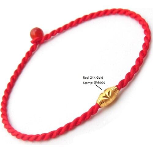 Genuine 24K Yellow Gold Oval Tube Bead with Red Cord Bracelet Length from 5" to 15"