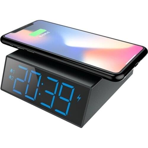 Bedside Radio Alarm Clock with USB Charger, Bluetooth Speaker, QI Wireless Charging, Dual Alarm & Dimmable LED Display