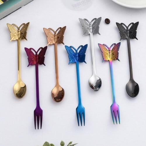 Rainbow Stainless Steel Coffee Tea Milk Moon Cake Fruit Butterfly Stirring Spoon Fork Cutlery