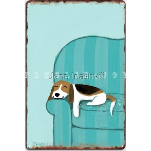 Happy Couch Dog Cute Beagle Metal Plaque Poster Wall Mural Cinema Classic Wall Decor Tin Sign Poster