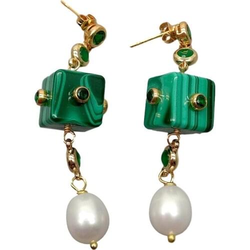 YYGEM Natural Green Malachite Cube White Rice Freshwater Pearl Dangle Earrings