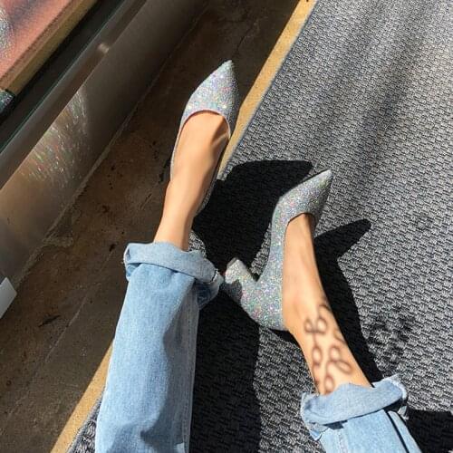 5 Colors Pumps Fang with Heels High 2020 New Glitter Thick Heel Pointed Mature Elegant Womens Shoes Size 33-42