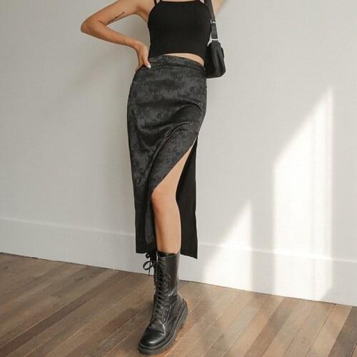 Femotwin Women Split Skirt Sexy Satin High Waist Zip Midi Skirt Black Skirt Office Lady Elegant A-line Autumn Flower Skirt 2021