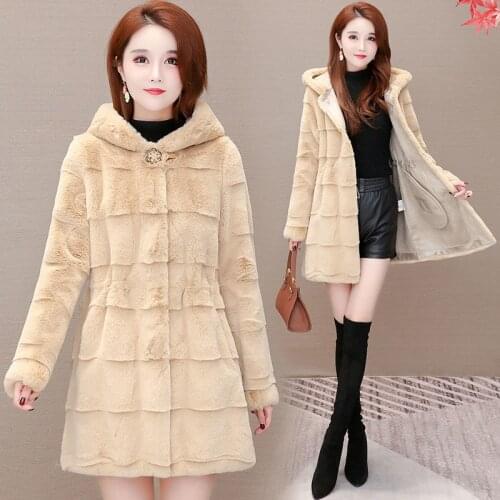 Women Basic Coats 2021New Fashion Winter Jacket Imitation Mink Coat Mid-length Hooded Warm Imitation fur Casual Jacket Women