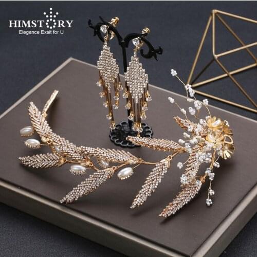 HIMSTORY Trendy Bridal Wedding Headband Gold Leaf Pearl Bride Headpiece Crystal Women Hairband Wedding Hair Accessories