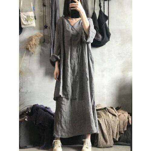 QPFJQD Ladies Loose Vintage V Neck Linen Dress Chinese Style Women 2021 Wrinkle Loose Retro Flax Dresses Autumn Summer