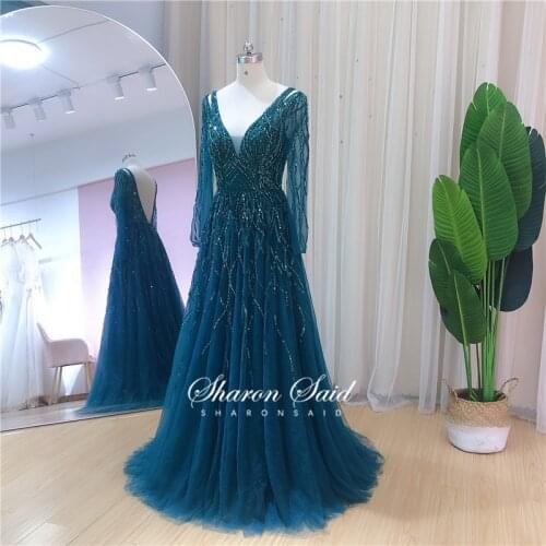 Dubai Emerald Green Long Sleeve Evening Dress for Women Wedding Guest Party Gowns Black V-Neck Arabic Muslim Formal Dresses 2021