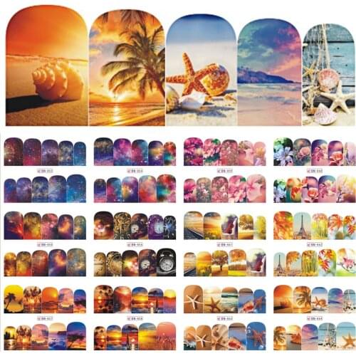 12 Designs Nail Polish Sticker Water Decals Summer Beach Starry Sky Floral Slider Nail Art Decor Full Wraps Manicure BEBN853-864