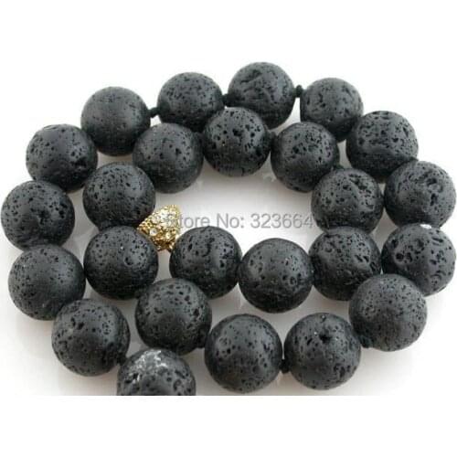 17" 16mm nature round black lava bead necklace