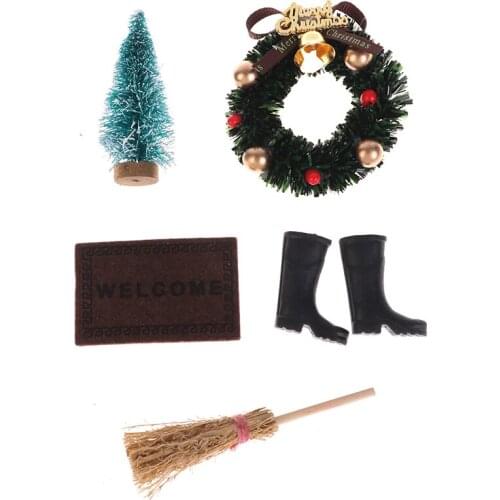 5pcs/set Exquisite Dollhouse Christmas Boots Tree Wreath Pine Santa Claus carpet Broom Holiday Decoration Accessories