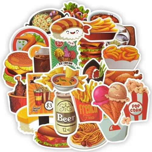 50PCS /Pack Tasty Fast Food Stickers Toys for Children Hamburger Fries Pizza Decal Sticker Gift to DIY Car Fridge Not repeating