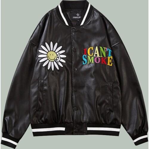 Daisy Embroidery Baseball Jacket Men 2021 PU Leather Hip Hop Harajuku Streetwear Couples Wear Oversize Campus Style Unisex Coats