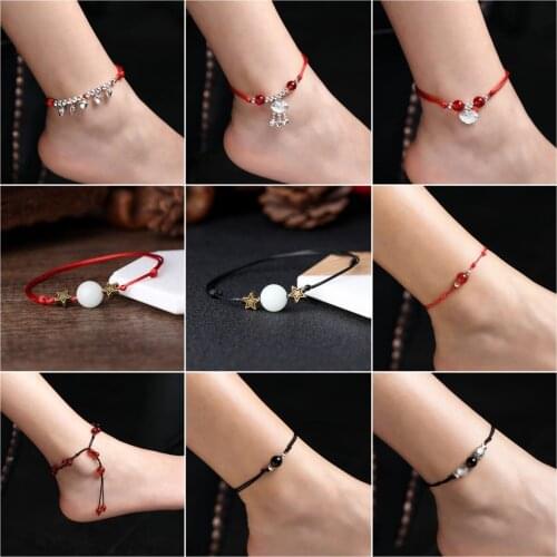 Student fashion red rope temperament anklet men and women retro style creative foot rope handmade adjustable rope chain jewelry