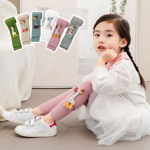 Spring and autumn childrens leggings fawn embroidery nine-point pants knitted cotton girls nine-point pantyhose children pants