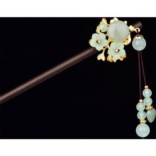 Ethnic Vintage Handmade Synthetic Shell flower Flower Wooden Hair Sticks Natural Stone Bead Hairpin for Women Headpiece Vintage