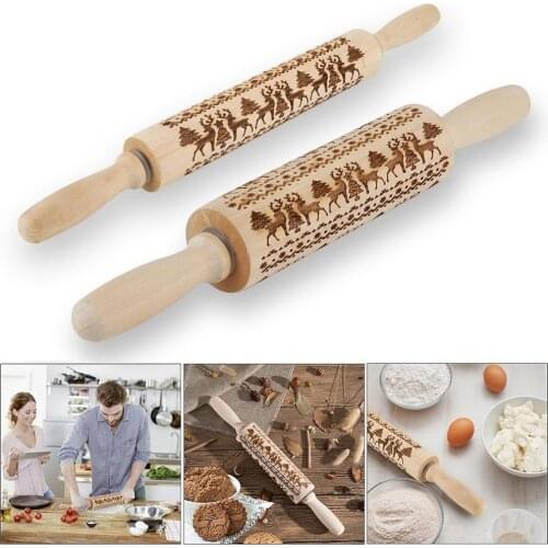 Cookie Dough Christmas Elk Printing Rolling Pin Laser Engraved Solid Wood Rolling Pin Baking Embossed Biscuit Props 35*5cm