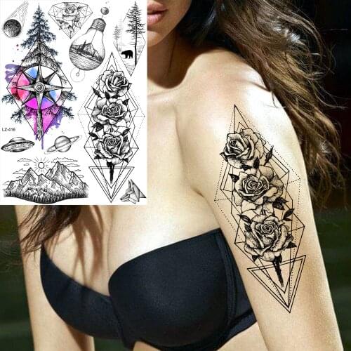 GoldOcean Sketch Black Plum Blossom Arm Women Fake Tattoos Stickers Compass Tree Tattoo Temporary Men Neck Peak Waterproof Tatto