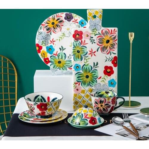 Great Apperance Hand Drawn Ceramic Tableware Floral Pattern Plate Bowl Set Household Dinnerware 17inch Rectangle Cake Bread Tray