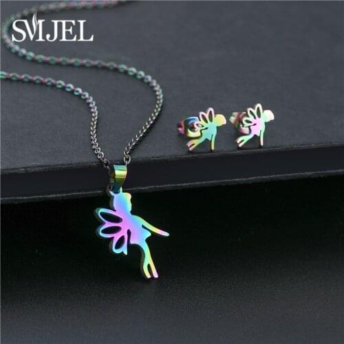 Cute Little Girl Angel Necklaces Pendants For Women Kids Stainless Steel Girls Figuer Jewelry Set Colorful Ballet Earring Gifts