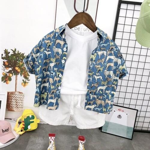 Boys Short-sleeved Shirt Sets Summer 2021 New Childrens Korean Style Cartoon Shirt Baby Summer Holiday Style 3pcs Suits 2-7Y
