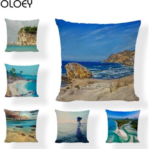 Beautiful Sea View Square Linen Cushion Cover Size 45cmx45cm Home Bedroom Hotel Decoration Cushion Cover