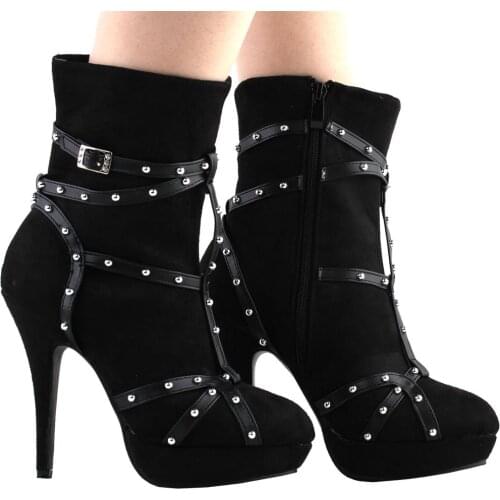 LF30483 SHOW STORY Punk Black Strappy Studs Buckle High Heel Stiletto Platform Ankle Boots Bootie