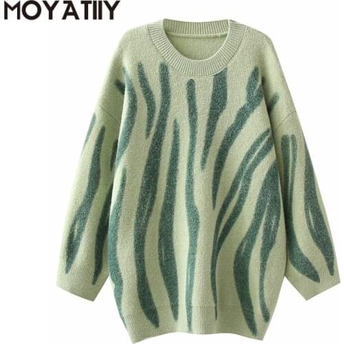 MOYATIIY Fashion Women Winter Sweaters Loose Casual Wide Sleeve Pullovers Oversize Animal Zebra Print Long Clothing Female Tops