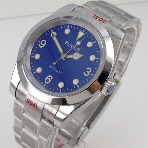 Bliger Mens Watch Japan NH35/NH35A Automatic Mechanical Movement Blue Dial Sapphire Glass 904L Steel Oyster Bracelet Green Lume