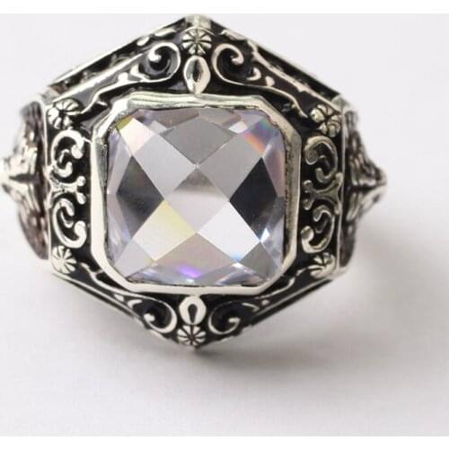 Handmade Gold White Zircon Man Silver Ring, Square Zircon Silver Men Ring