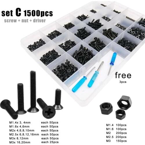 500/750/1500pcs M1.4 M1.6 M2 M2.5 M3 Black Steel Small Phillips Cross Flat Countersunk Head Screw Bolt Nut Set Assortment Kit