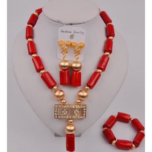 Nigerian Wedding Coral Jewelry Set African Necklace Red Coral Beads Jewelry Set 12-B-05