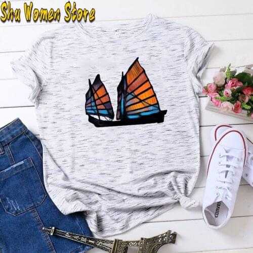 New T Shirt Art Sailboat Painting T Shirt Women Funny Print Short Sleeve T-shirt Harajuku Ullzang Tshirt Fashion Top Tees Female