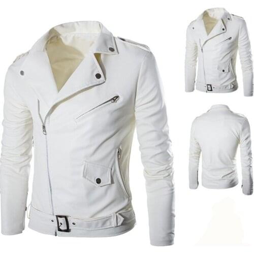 New Casual Mens Motorcycle Leather Jacket Oblique Zipper Placket White Slim Leather Jacket
