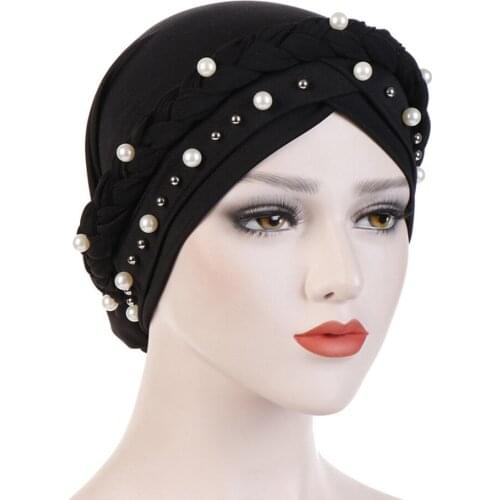 New Muslim Pearl Beading Scarf Elastic Braid Turban Hat Cancer Cap Head Wrap Cotton Twist Chemo Cap Beanie Hijab Caps Headwear