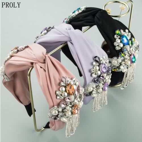 PROLY New Fashion Womens Hairband Fringed Baroque Pearls Rhinestone Flower Headband Cross Knot Headwear Hair Accessories