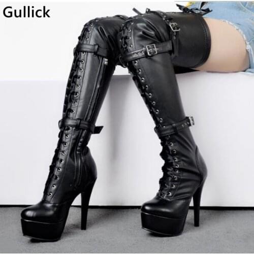 Gullick Over The Knee Ladies Night Club Sexy Platform Boots Side Zip Buckle Decor High Quality Shoes Hollow Out Lace Up Big Size