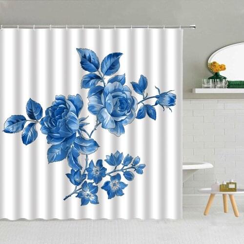 Blue Rose Flower Leaves Shower Curtain Chinese Peony Peacocks Bathroom Art Decor Bath Waterproof Fabric Curtains With Hooks Set