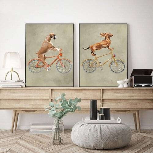 Dog on Bicycle Wall Art Deco Poster Print Barber Shop Funny Dog ​​Mural Home Bathroom Canvas Painting Retro Posters and Prints