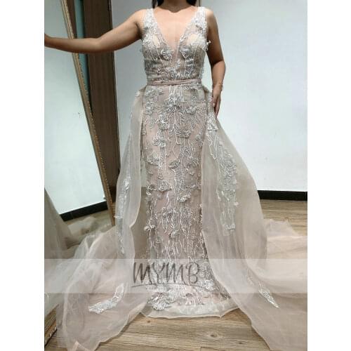 MYMB Gorgerous Champagne Wedding Reception Dress 3D Flowers Lace Sleeveness With Detachable Train Wedding Engagement Night Gown