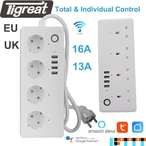Smart Power Strip Wifi eu 16A 4 outlet UK Socket Plug 13a Timer Remote Control Socket Tuya Alexa Google Home IFTTT Wi-fi Outlet