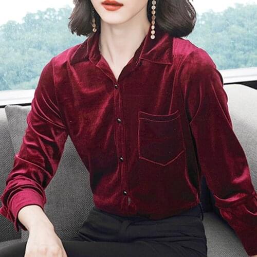 Fall Spring Fashion Office Lady Women 4xl Long Sleeve Wine Red Green Blouse , Autumn Female Woman Formal Elegant Velour Blouses