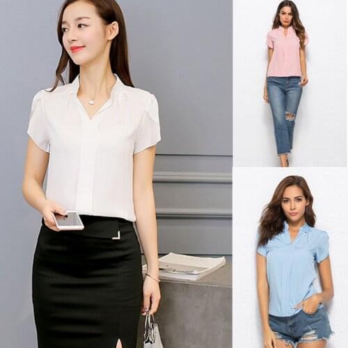 Women Chiffon Blouse Femininas Tops Short Sleeve Elegant Ladies Formal Office Blusas New Chiffon Clothing Shirt
