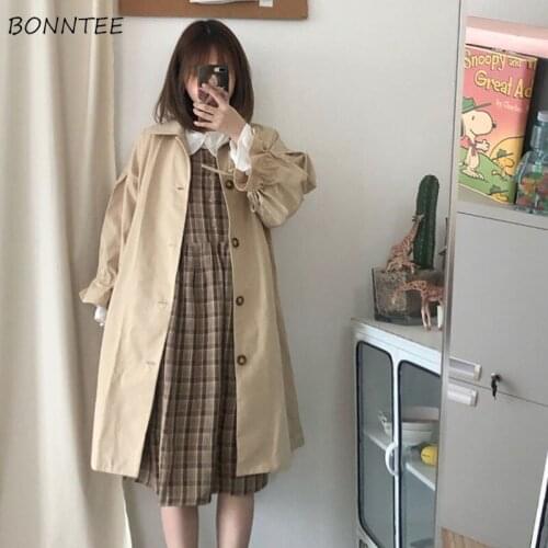 Trench Women Solid College Sweet Casual Fashion Single Breasted All-match Lovely Flared-sleeve Kawaii Tunic Clothing BF Outwear