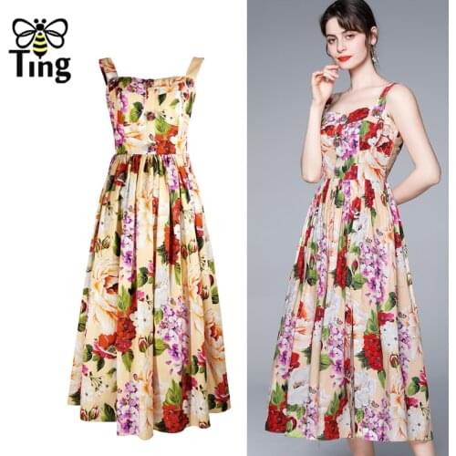Tingfly 2021 Summer Designer Floral Luxury Flower Button Decor Women A Line Party Birthday Dress Midi Long Casual Sundress Plus