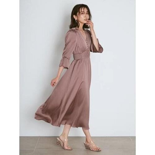 2021 spring new retro style bubble trumpet sleeve satin waist waist dress women