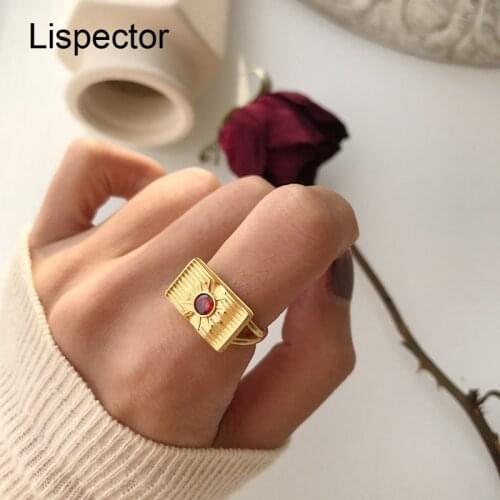 Lispector 925 Sterling Silver Korean Red Zircon Square Wisdom Book Ring for Women 18K Gold Plating Wide Rings Unisex Jewelry